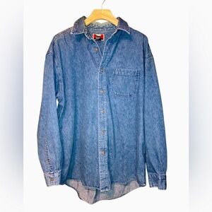 Men’s Vintage Long Sleeve Denim Shirt - 100% Thick Gauge Cotton Medium Wash L